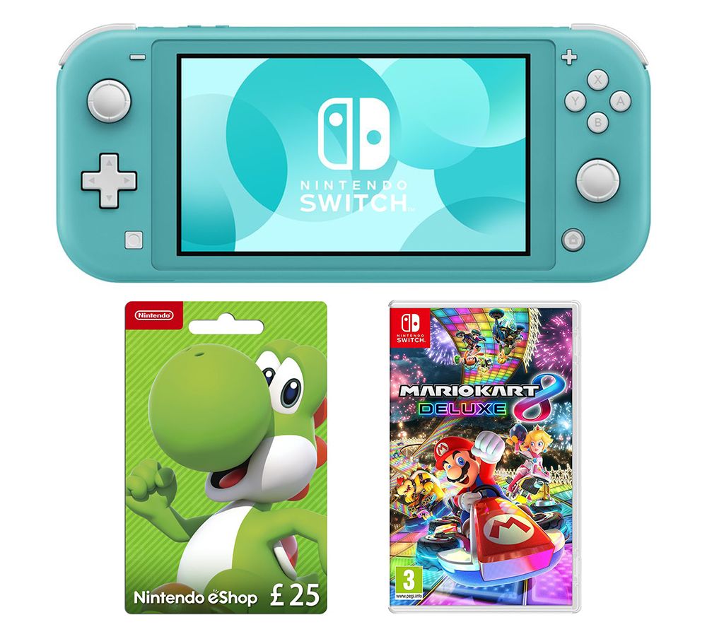 NINTENDO Switch Lite, Mario Kart 8 Deluxe & eShop £25 Gift Card Bundle - Turquoise, Turquoise
