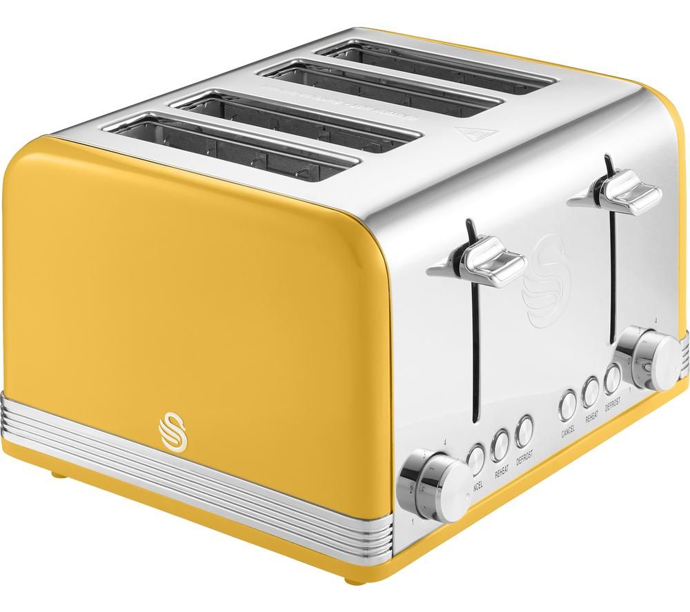 Swan 1600W 4 Slice Retro Toaster, Yellow, Defrost, Cancel and Reheat Functions, Independent Browning Controls, ST19020YELN