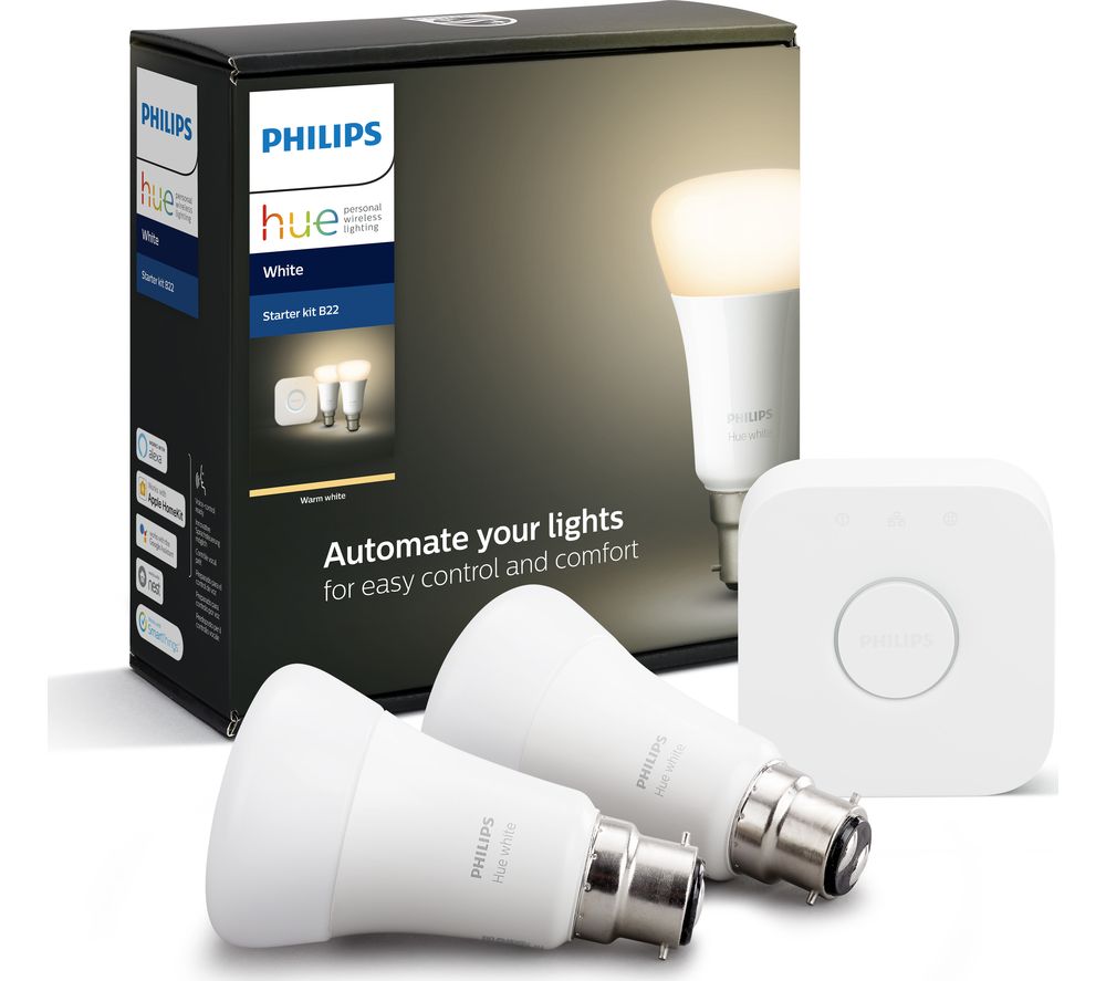 PHILIPS HUE White Ambience Smart Lighting Starter Kit with Bridge - B22, White