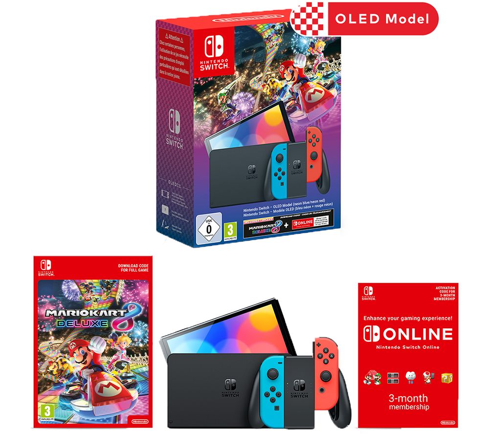 Switch OLED with Mario Kart 8 Deluxe & Switch Online 3 Month Membership Bundle