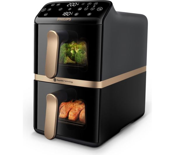 An image of PHILIPS 4000 Series NA462/79 Stacked Dual Basket Air Fryer - Black & Copper