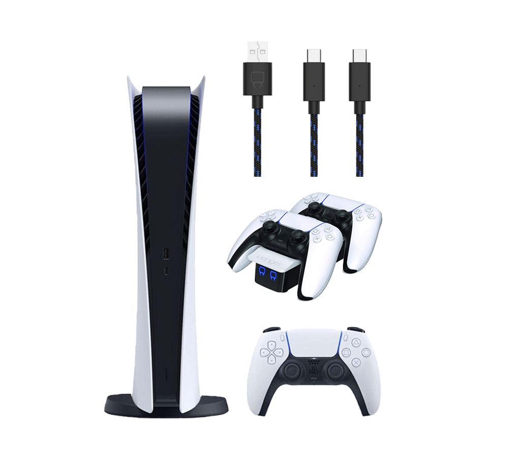 PlayStation 5 Digital Edition (825 GB), Charging Cable & Twin Docking Station (White) Bundle