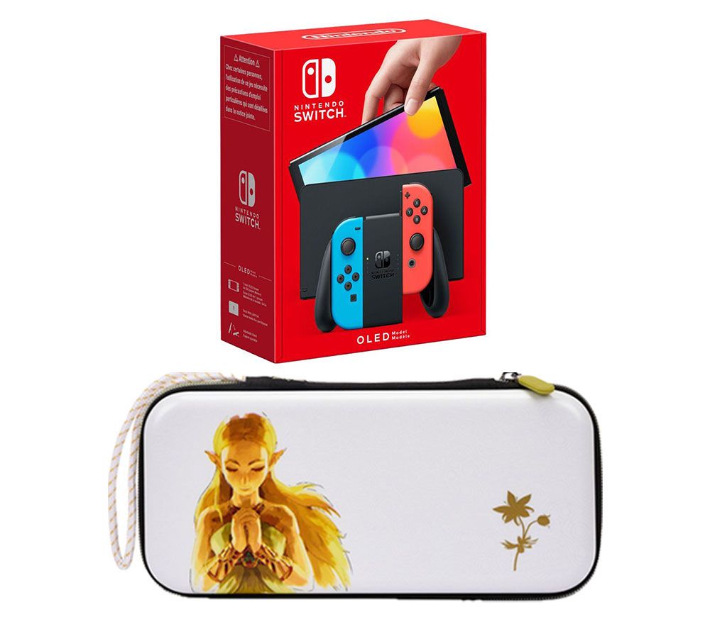 Switch OLED (Neon Red & Blue) & Princess Zelda Slim Travel Pro Nintendo Switch Case Bundle