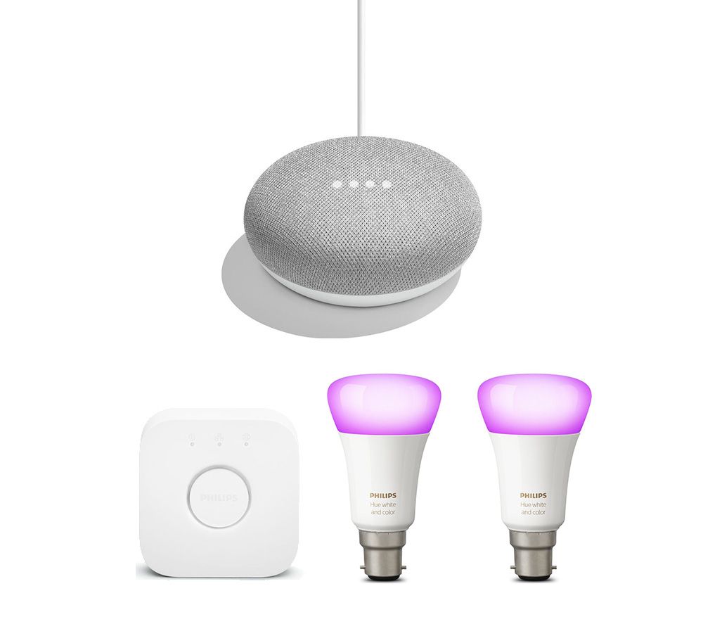 Kit de démarrage Ampoule B22 Smart Smart Hue Blanc et Couleur Ambiance PHILIPS & Ensemble Mini maison de craie Google Home