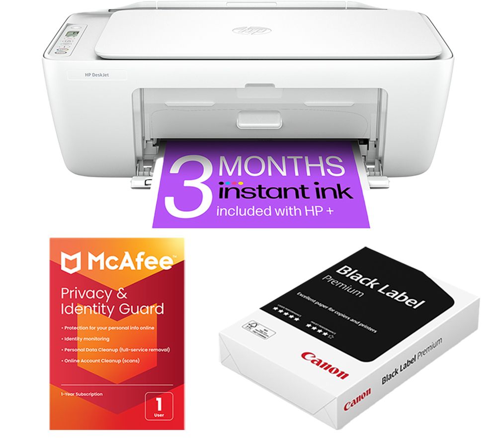 Privacy & Identity Guard (1 year for 1 user), DeskJet 2810e All-in-One Wireless Inkjet Printer & Instant Ink with HP+ & 500 Sheet A4 Premium Black Label Paper Bundle