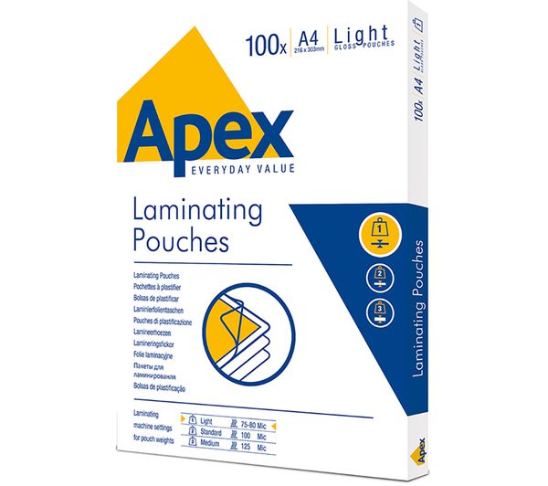 An image of FELLOWES Apex Light Duty A4 Laminating Pouches - Pack of 100