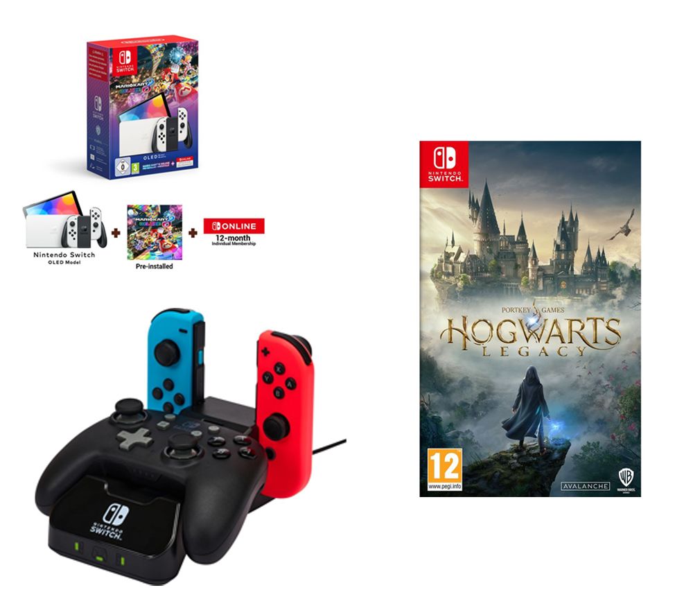 Switch OLED White, Mario Kart 8 Deluxe, Online 12 Month Membership, PowerA Controller Charging Station & Hogwarts Legacy Bundle