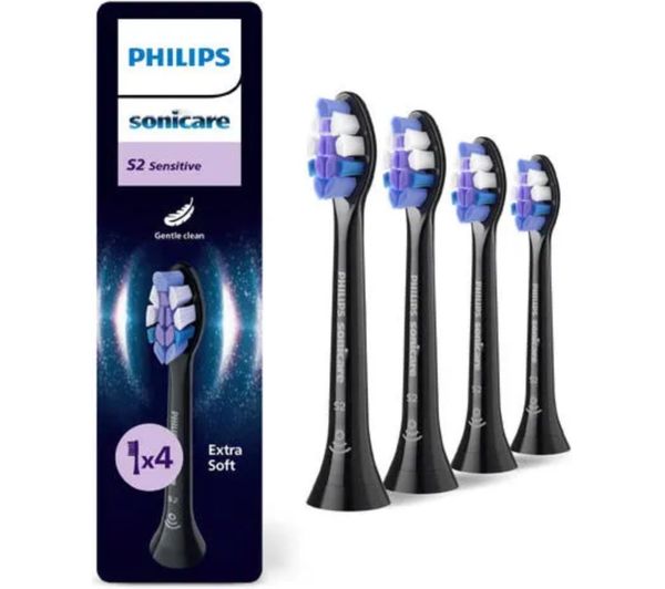 An image of PHILIPS Sonicare S2 Sensitive HX6054/88 Replacement Toothbrush Head - Pack of 4, Black