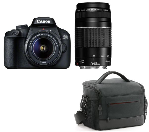 CANON EOS 4000D DSLR Camera, EF-S 18-55 mm f/3.5-5.6, EF 75-300 mm f/4-5.6 & Bag Bundle