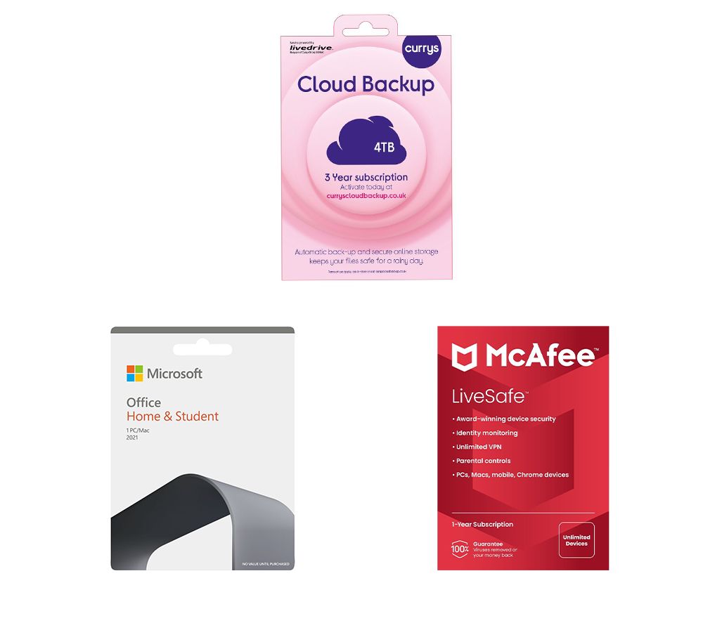 Office Home & Student 2021 (Lifetime for 1 user), McAfee LiveSafe (1 year, unlimited devices) & Currys Cloud Backup (4 TB, 3 years) Bundle