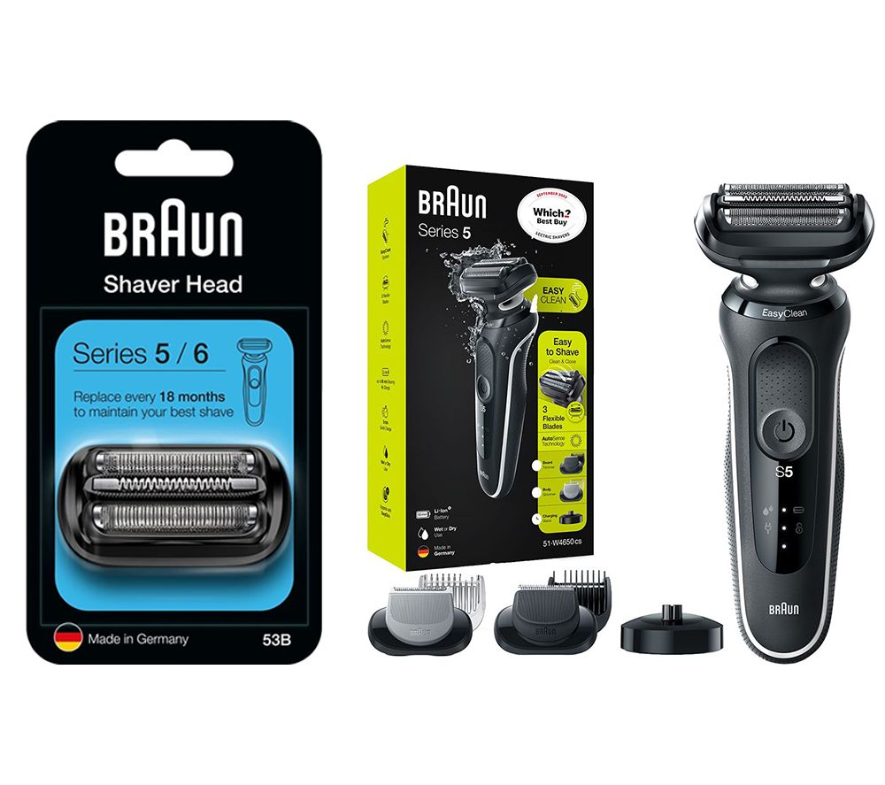 Series 5 50-B1200s Wet & Dry Foil Shaver (Black & White) & Series 5 & 6 New Gen 53B Electric Shaver Head Replacement (Black) Bundle