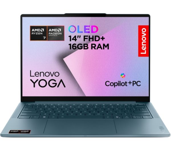 An image of LENOVO Yoga Slim 7 14" Refurbished Laptop, Copilot+ PC - AMD Ryzen AI 7, 1 TB SSD, Teal (Very Good Condition)