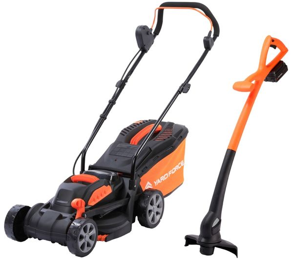 An image of YARD FORCE LM C33B + LT25B 20V Cordless Lawnmower & Grass Trimmer Kit - Orange & Black