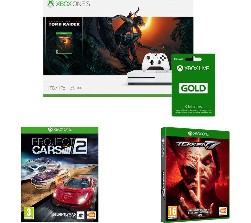 MICROSOFT Xbox One S, Shadow of the Tomb Raider, Tekken 7, Project Cars 2 & LIVE Gold Bundle, Gold review