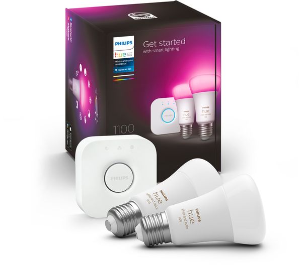 Image of PHILIPS HUE White & Colour Ambiance Starter Kit with Twin Pack LED Smart Bulb & Bridge - E27