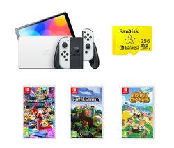 Switch OLED White, Games & SanDisk 256 GB Memory Card Bundle