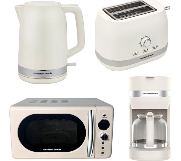 Hamilton Beach Ella Compact Solo Microwave Electric Kettle Coffee Machine 2 Slice Toaster Set White