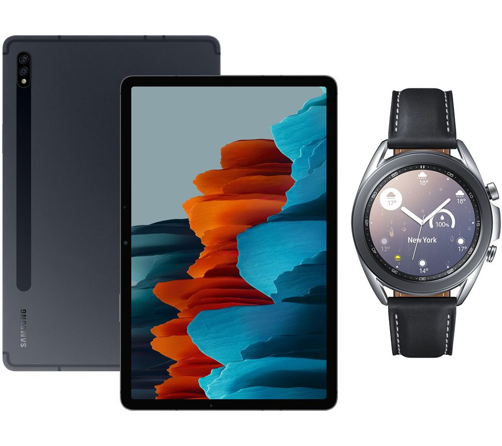 SAMSUNG Galaxy Tab S7 11” Tablet & Silver Galaxy Watch3 Bundle, Silver