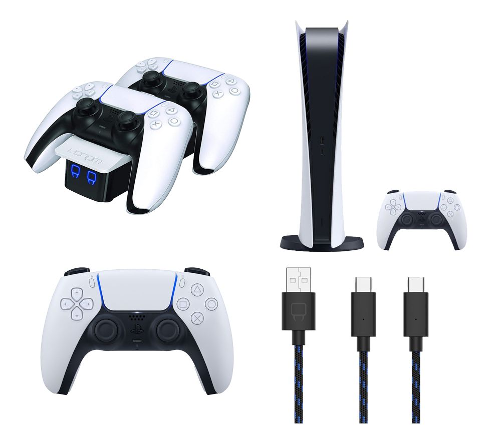 PlayStation 5 Digital Edition (825 GB), Charging Cable, Twin Docking Station (White) & DualSense Wireless Controller (White) Bundle