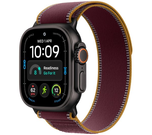 An image of APPLE Watch Ultra 4 Cellular - 49 mm Black Titanium Case with Burgundy Trail Loop, S/M