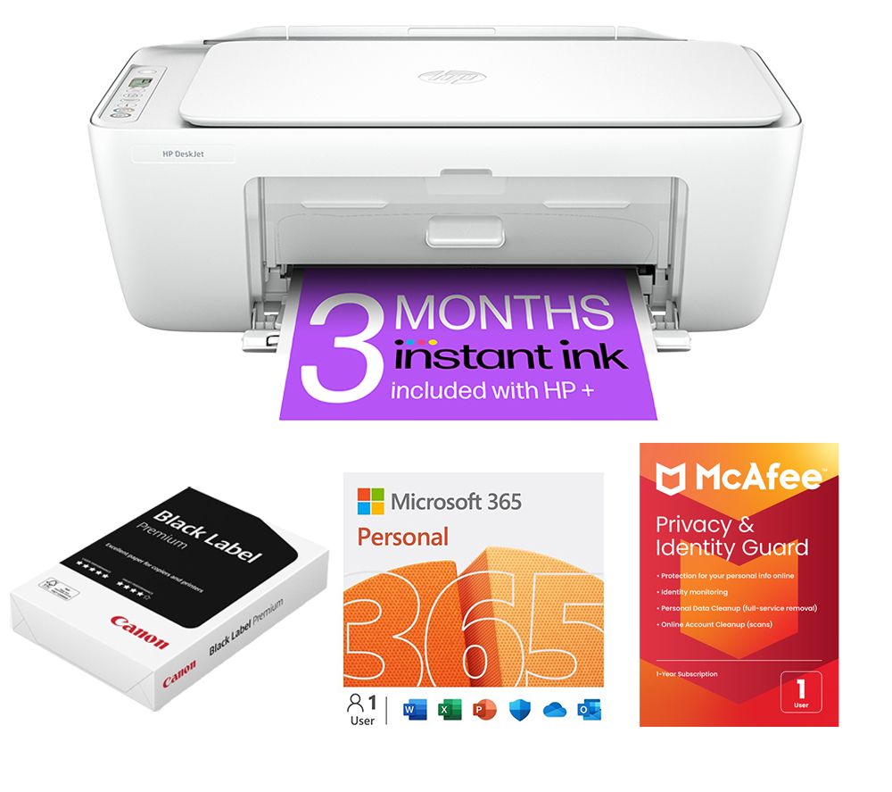 DeskJet 2810e All-in-One Wireless Inkjet Printer & Instant Ink with HP+, Microsoft 365 Personal - 12 months for 1 user, A4 Premium Black Label Paper - 500 Sheets, Privacy & Identity Guard - 1 year for 1 user Bundle