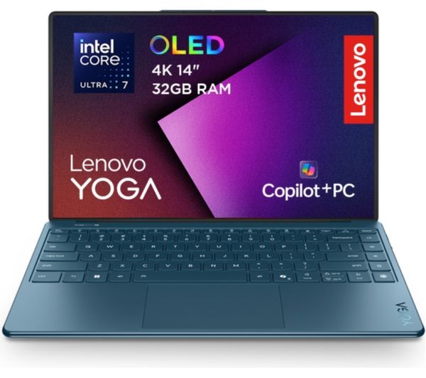 An image of LENOVO Yoga Slim 9 14" Refurbished Laptop, Copilot+ PC - Intel® Core™ Ultra 7, 1 TB SSD, Teal (Very Good Condition)