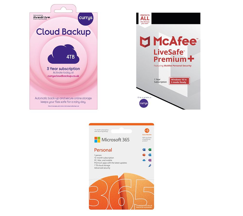 MICROSOFT 365 Personal (1 year for 1 user + 3 Months Extra Time), McAfee LiveSafe Premium & Currys Cloud Backup (4 TB, 3 years) Bundle