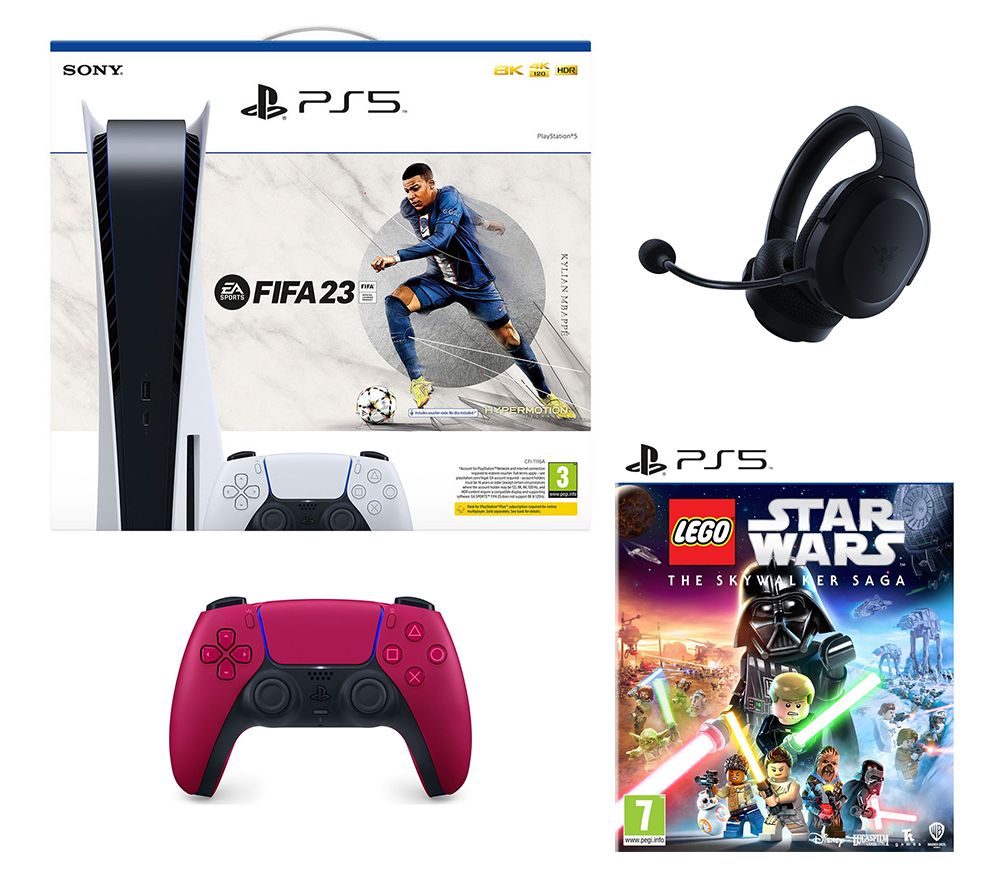 PlayStation 5 with Additional Red Controller, Barracuda X 7.1 Headset, FIFA 23 & Lego Star Wars Bundle