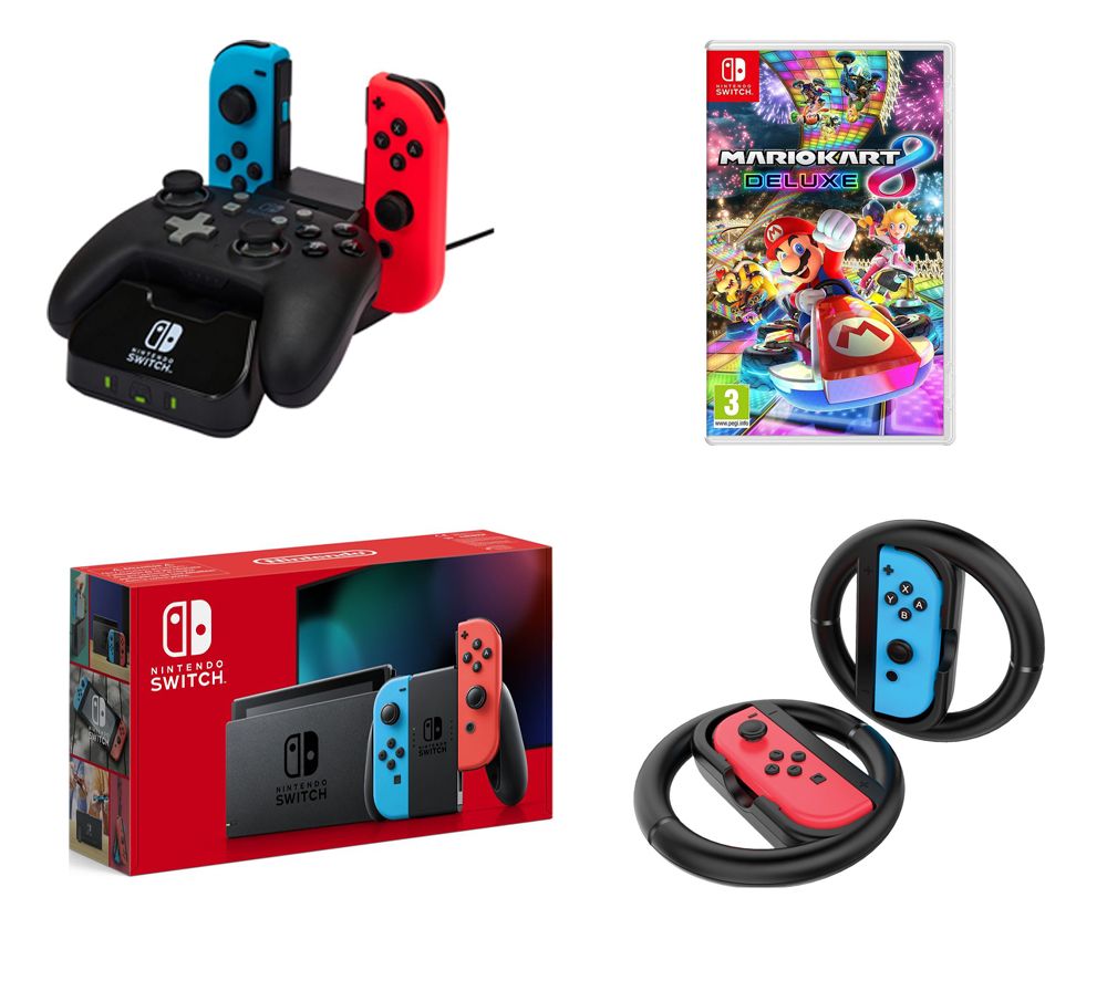 Switch Neon Red & Blue, Mario Kart 8 Deluxe, Joy-Con Racing Wheels & PowerA Controller Charging Station