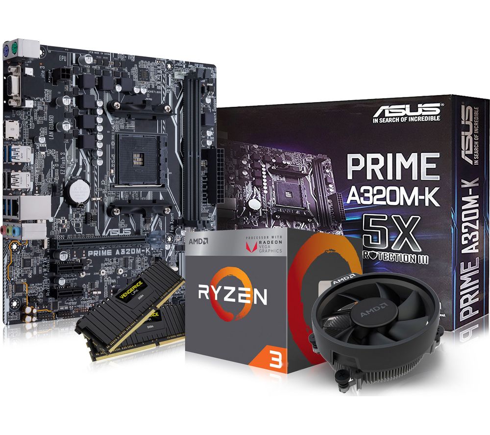 PC SPECIALIST AMD Ryzen 3 Processor, PRIME A320M-K Motherboard, 8 GB RAM & AMD Cooler Components Bundle