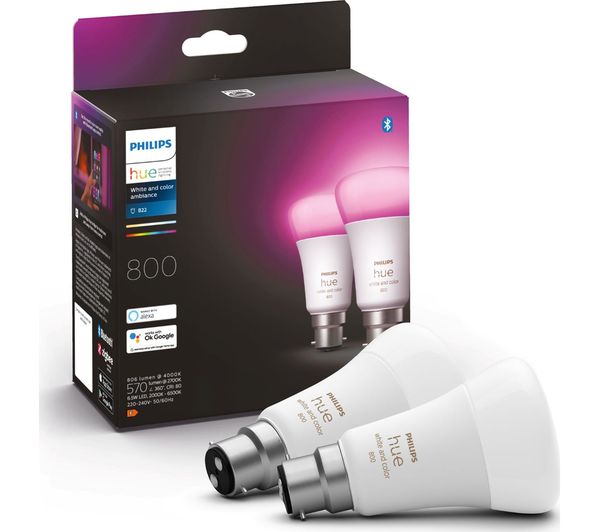 PHILIPS HUE White & Colour Ambiance Smart LED Bulb with Bluetooth - B22, 800 Lumens, Twin Pack