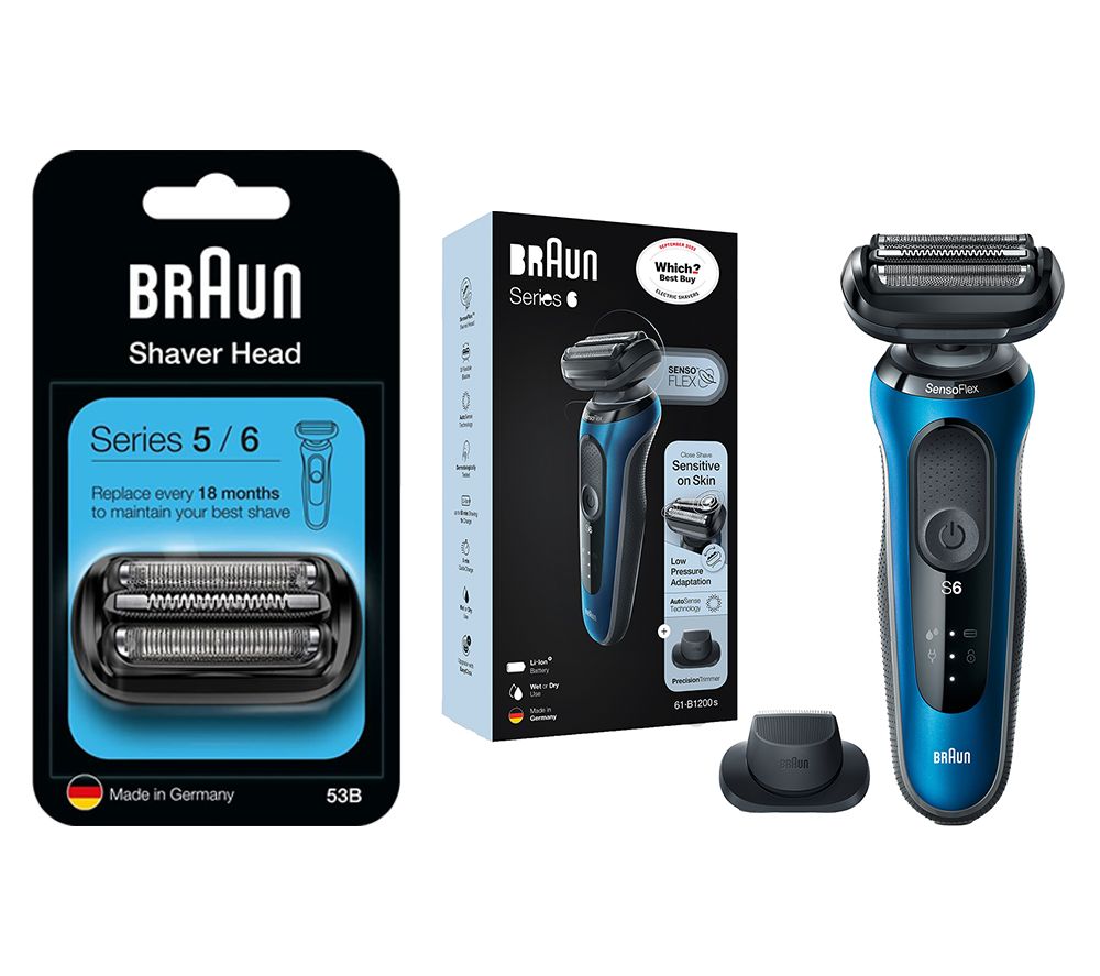 Series 6 60-B1200S Wet & Dry Foil Shaver (Black & Blue) And Series 5 & 6 New Gen 53B Electric Shaver Head Replacement (Black) Bundle