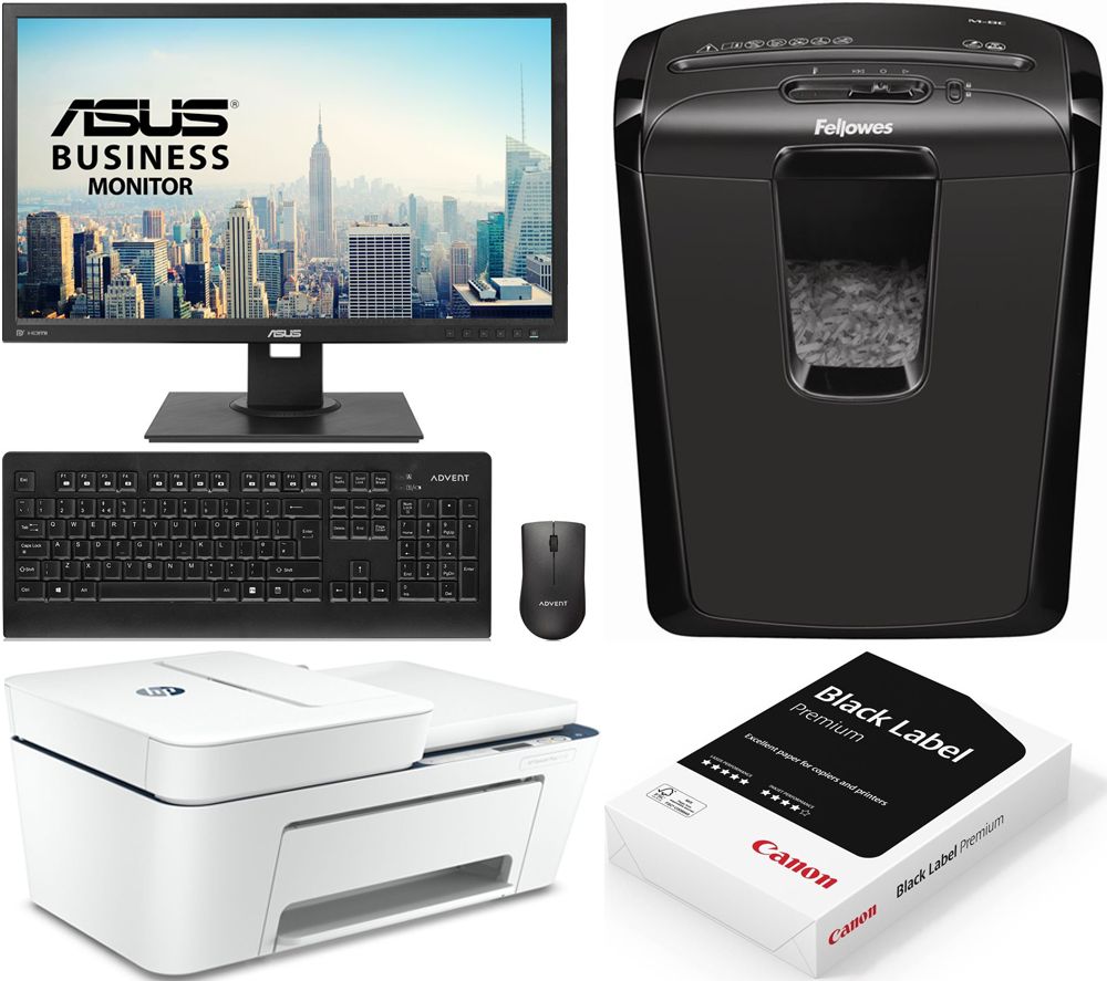 ASUS Home Office Basic Bundle - Monitor, Keyboard & Mouse, Shredder, Printer & Paper