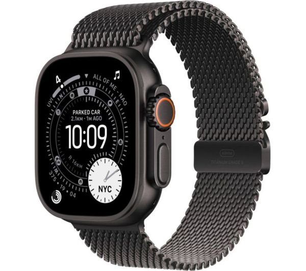 An image of APPLE Refurbished Watch Ultra 3 Cellular - 49 mm Black Titanium Case with Black Titanium Milanese Loop, Medium (Excellent Condition)