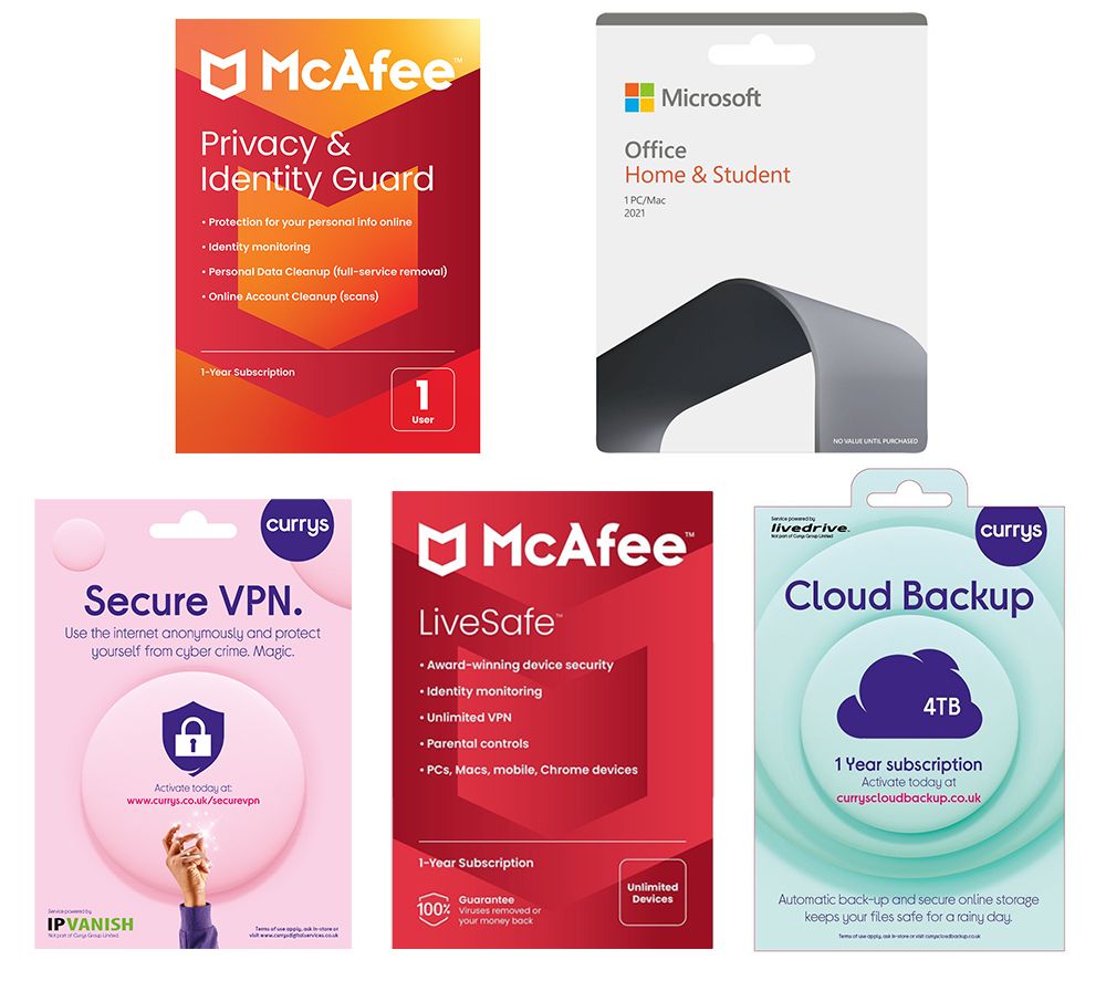 LiveSafe (1 year for unlimited devices), Office Home & Student 2021 (Lifetime for 1 user), Secure VPN (1 year subscription, Download), Privacy & Identity Guard (1 year for 1 user) & Cloud Backup (4 TB, 1 year) Bundle