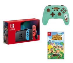 Switch, Animal Crossing: New Horizons & Wireless Controller Bundle - Neon Red & Blue
