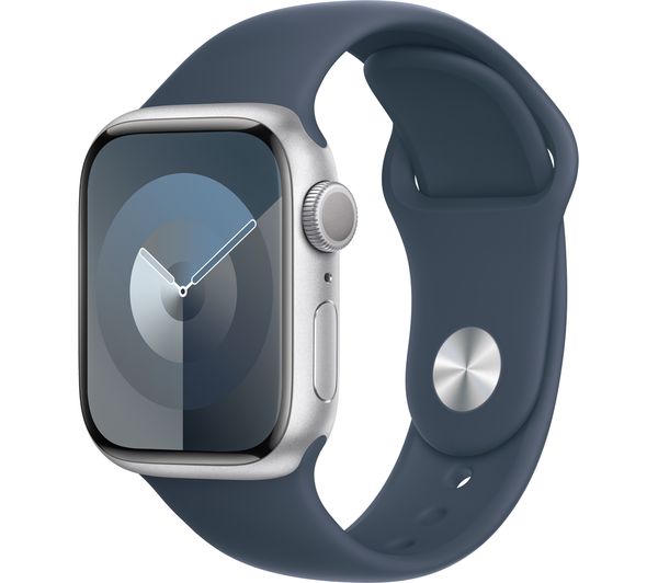 Image of APPLE Watch Series 9 - 41 mm Silver Aluminium Case with Storm Blue Sport Band, M/L