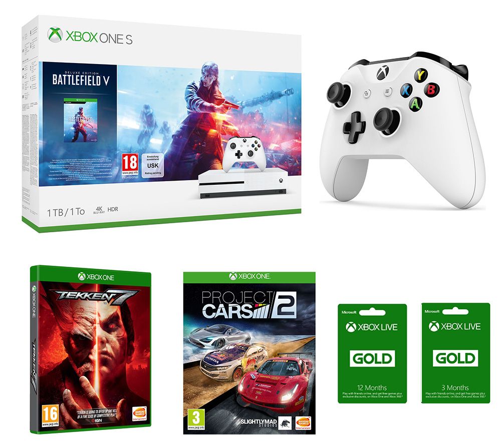 MICROSOFT Xbox One S, Battlefield V, Project Cars 2, Tekken 7, Wireless Controller & 15 Months LIVE Gold Bundle, Gold