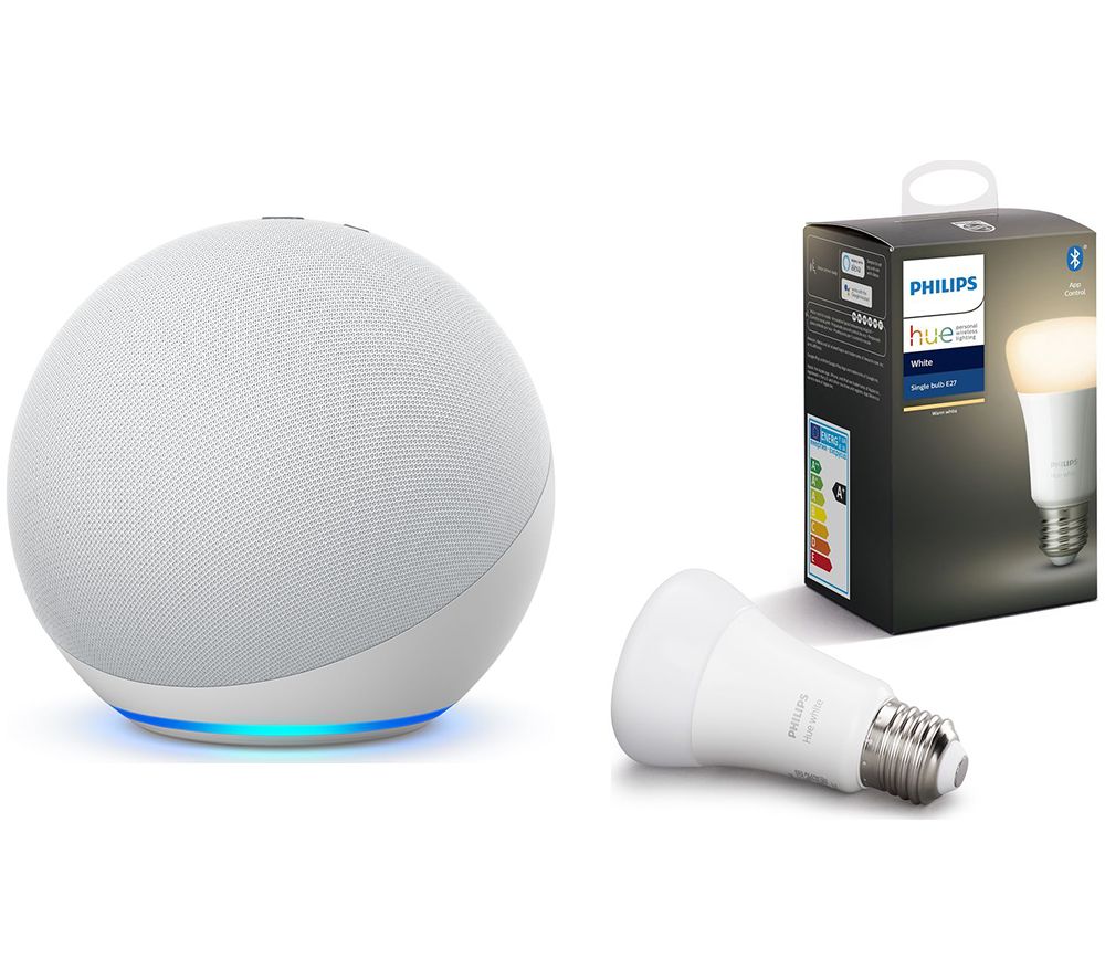 PHILIPS Echo (4th Gen) & E27 White Bluetooth LED Bulb Bundle - Glacier White