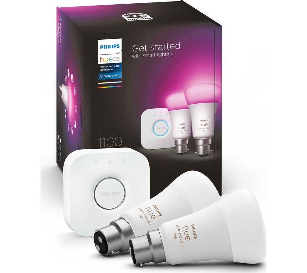 PHILIPS HUE White and Colour Ambiance Smart Lighting Starter Kit with Bridge - B22