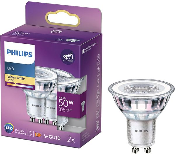 Spot LED Light Bulb - GU10, Warm White, Twin Pack