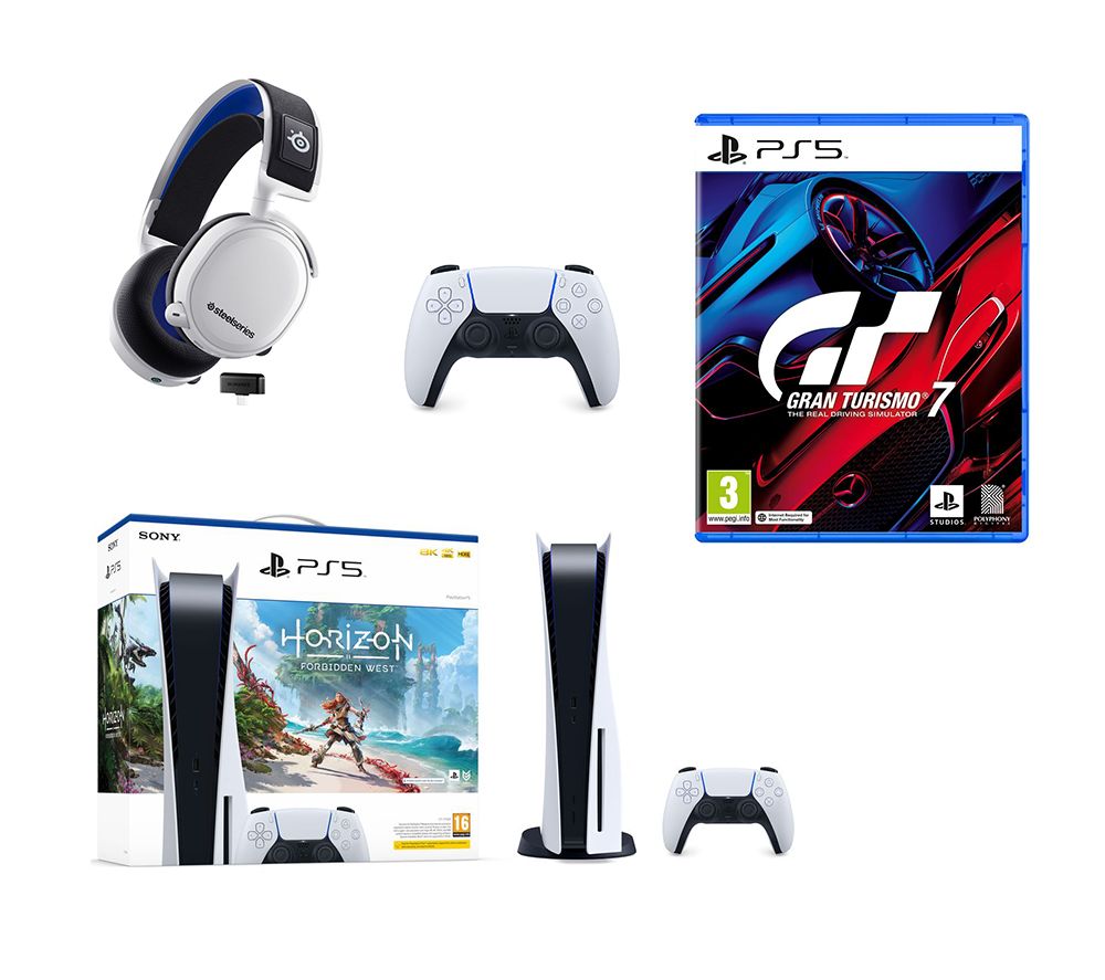 PlayStation 5, White Controller, Headset, Gran Turismo 7 & Horizon Forbidden West Bundle