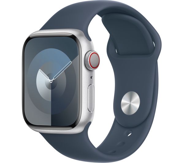 Image of APPLE Watch Series 9 Cellular - 41 mm Silver Aluminium Case with Storm Blue Sport Band, S/M