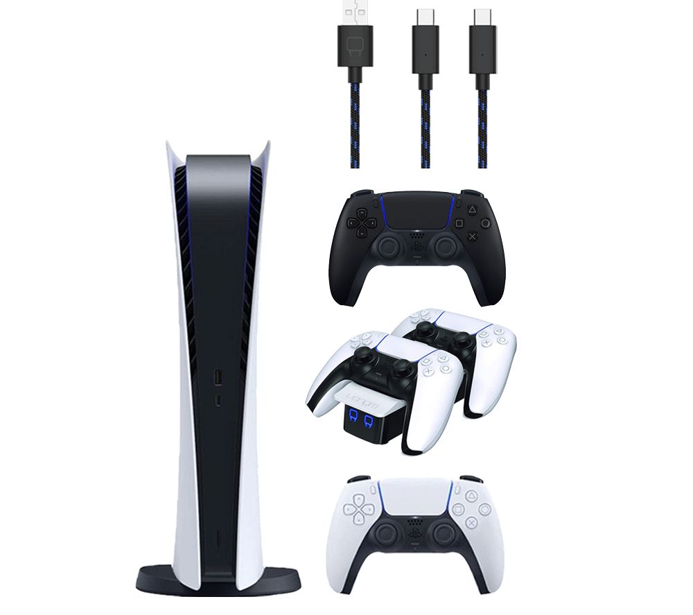 PlayStation 5 Digital Edition 825 GB, Charging Cable, White Twin Docking Station & Black DualSense Wireless Controller Bundle