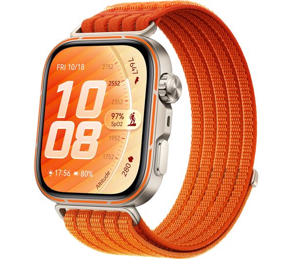 An image of HUAWEI Watch Fit 5 Pro - Titanium Orange with Orange Woven Strap