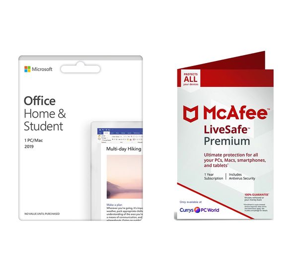 MCAFEE Office Home & Student 2019 (lifetime, 1 user) & MCAFEE LiveSafe Premium (unlimited devices, 1 year) Bundle
