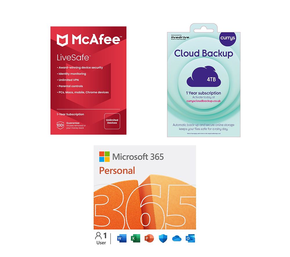 365 Personal (12 months (automatic renewal), 1 user), Cloud Backup (4 TB, 1 year) & LiveSafe (1 year, unlimited devices) Bundle