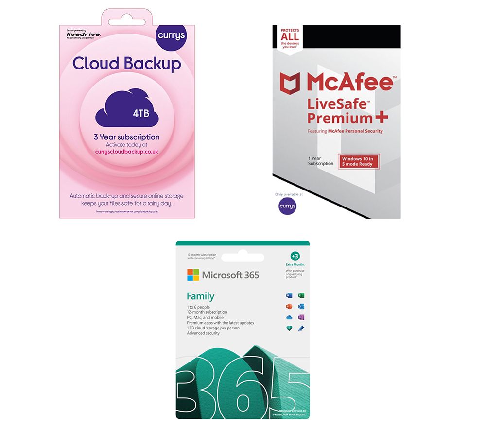 MICROSOFT 365 Family (1 year for 6 users + 3 Months Extra Time), McAfee LiveSafe Premium & Currys Cloud Backup (4 TB, 3 years) Bundle