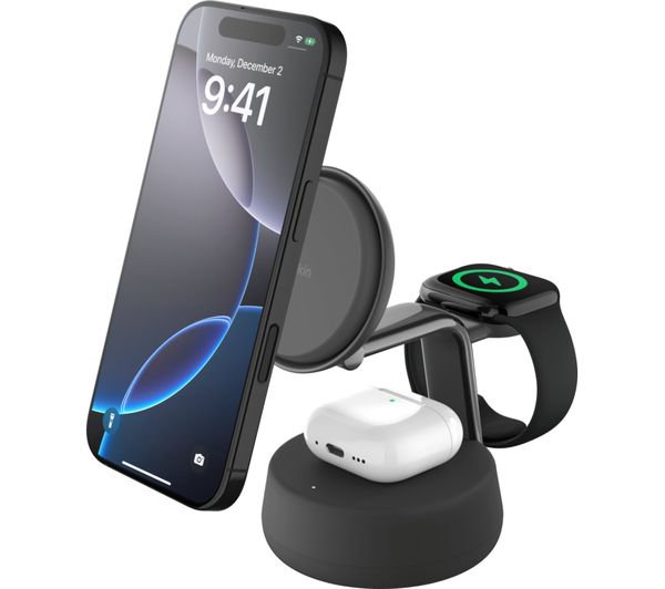 An image of BELKIN Qi2 3-in-1 Magnetic 25 W Wireless Charging Stand - Charcoal