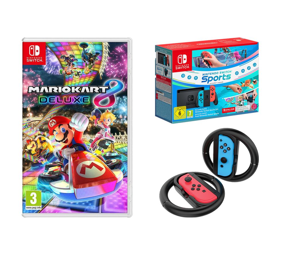 Switch (Red and Blue), Nintendo Switch Sports, 3 Month Online Subscription, Mario Kart 8 Deluxe & VS4794 Joy-Con Racing Wheels Bundle